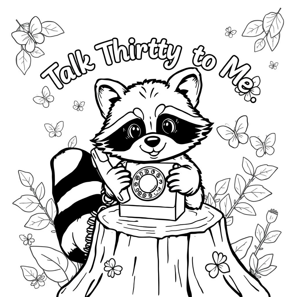 A black and white coloring page featuring a charming raccoon sitting on a tree stump and talking on an old-fashioned rotary phone