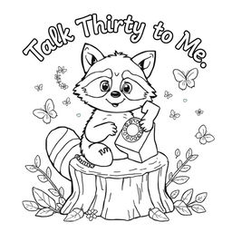 A black and white coloring page featuring a charming raccoon sitting on a tree stump and talking on an old-fashioned rotary phone