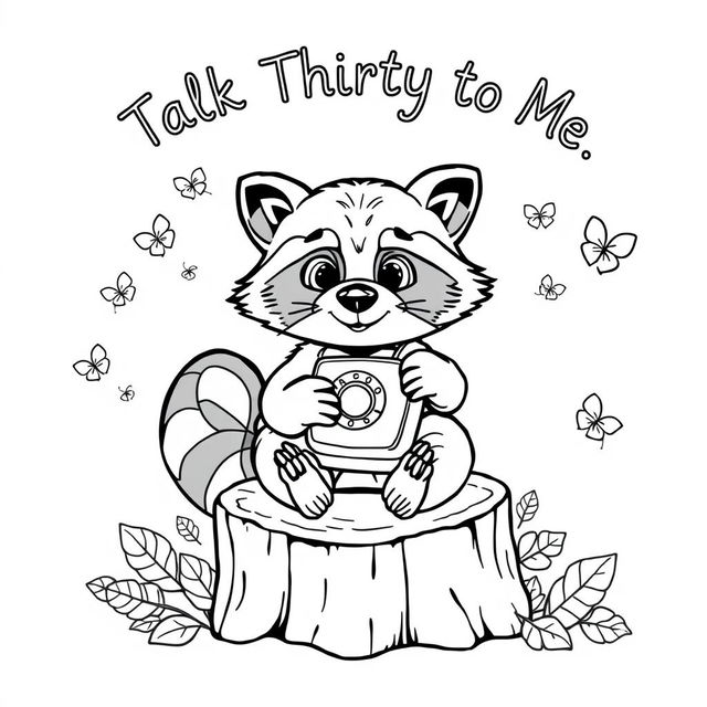 A black and white coloring page featuring a charming raccoon sitting on a tree stump and talking on an old-fashioned rotary phone