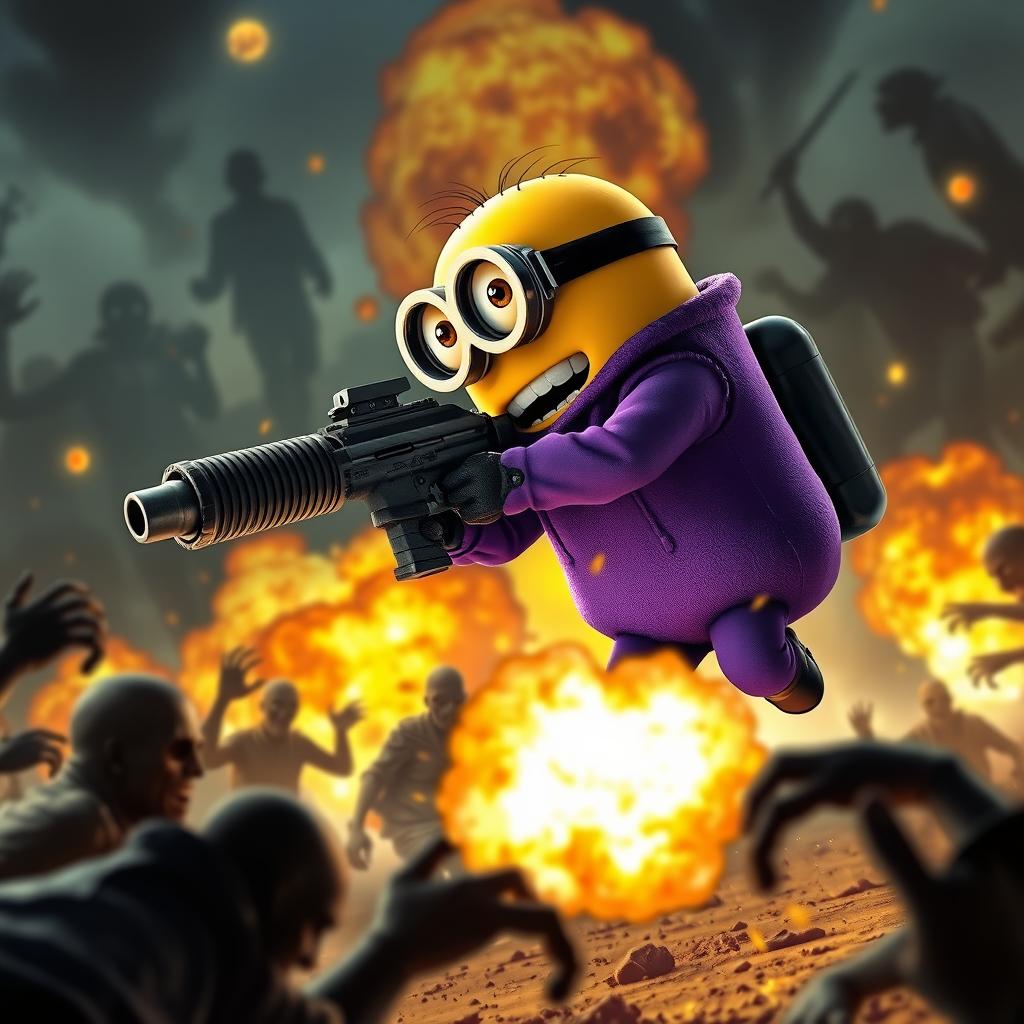 A purple-clad Minion armed with a machine gun in the midst of a fierce battle against zombies