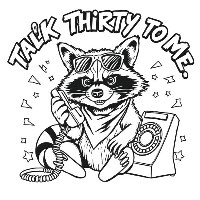 A black and white coloring page featuring a badass raccoon with a tough, confident expression while talking on an old-fashioned rotary phone