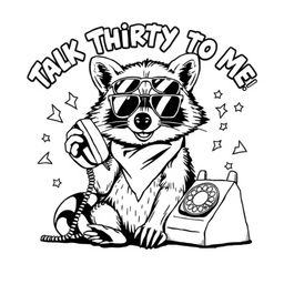 A black and white coloring page featuring a badass raccoon with a tough, confident expression while talking on an old-fashioned rotary phone