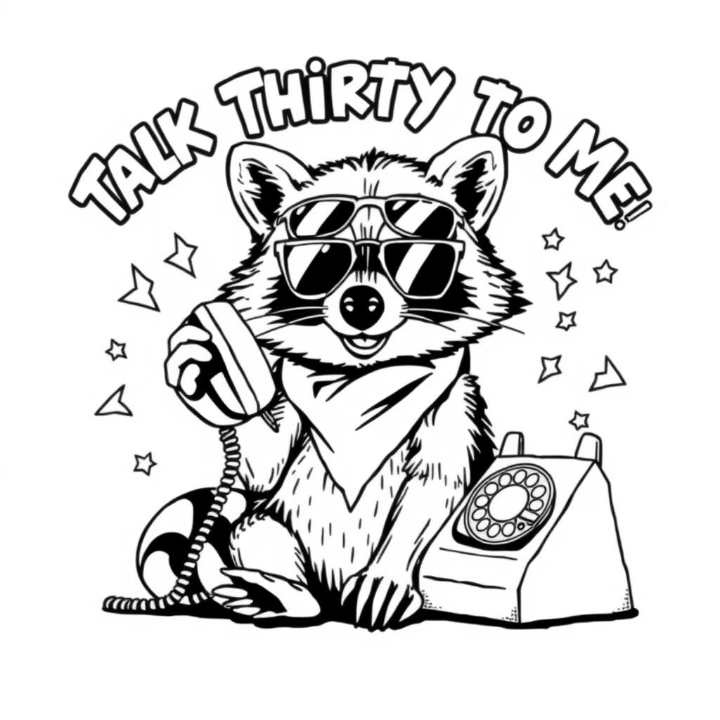 A black and white coloring page featuring a badass raccoon with a tough, confident expression while talking on an old-fashioned rotary phone