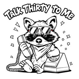 A black and white coloring page featuring a badass raccoon with a tough, confident expression while talking on an old-fashioned rotary phone
