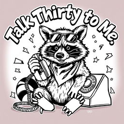 A black and white coloring page featuring a badass raccoon with a tough, confident expression while talking on an old-fashioned rotary phone