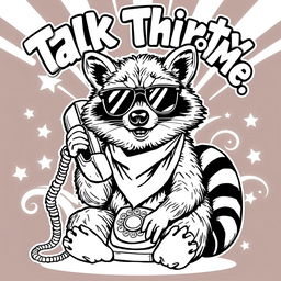 A black and white coloring page featuring a badass raccoon with a tough and confident expression, seated while talking on an old-fashioned rotary phone