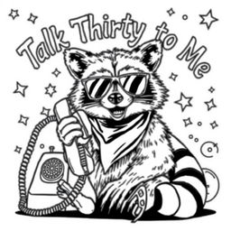 A black and white coloring page featuring a badass raccoon with a tough and confident expression, seated while talking on an old-fashioned rotary phone