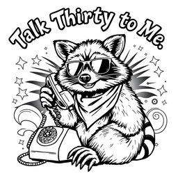 A black and white coloring page featuring a badass raccoon with a tough and confident expression, seated while talking on an old-fashioned rotary phone