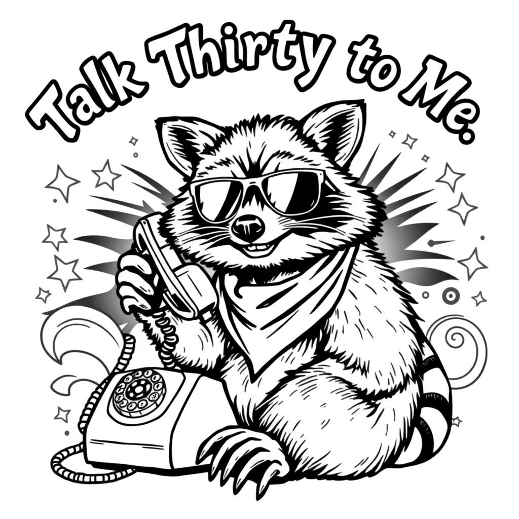 A black and white coloring page featuring a badass raccoon with a tough and confident expression, seated while talking on an old-fashioned rotary phone
