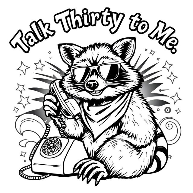 A black and white coloring page featuring a badass raccoon with a tough and confident expression, seated while talking on an old-fashioned rotary phone