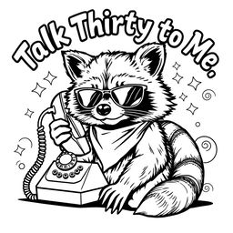 A black and white coloring page featuring a badass raccoon with a tough and confident expression, seated while talking on an old-fashioned rotary phone