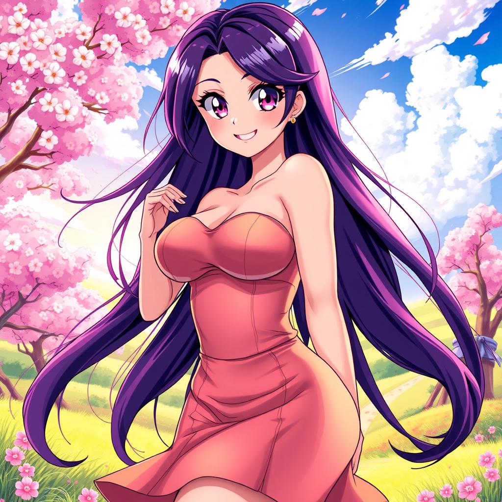 A stunning curvy anime woman with flowing long hair, large expressive eyes, and a playful smile
