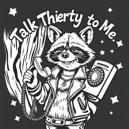 A black and white coloring page featuring a badass raccoon with a confident stance, talking on an old-fashioned rotary phone