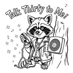 A black and white coloring page featuring a badass raccoon with a confident stance, talking on an old-fashioned rotary phone