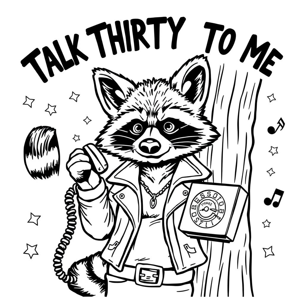 A black and white coloring page featuring a badass raccoon with a confident stance, talking on an old-fashioned rotary phone