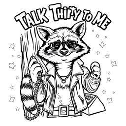 A black and white coloring page featuring a badass raccoon with a confident stance, talking on an old-fashioned rotary phone