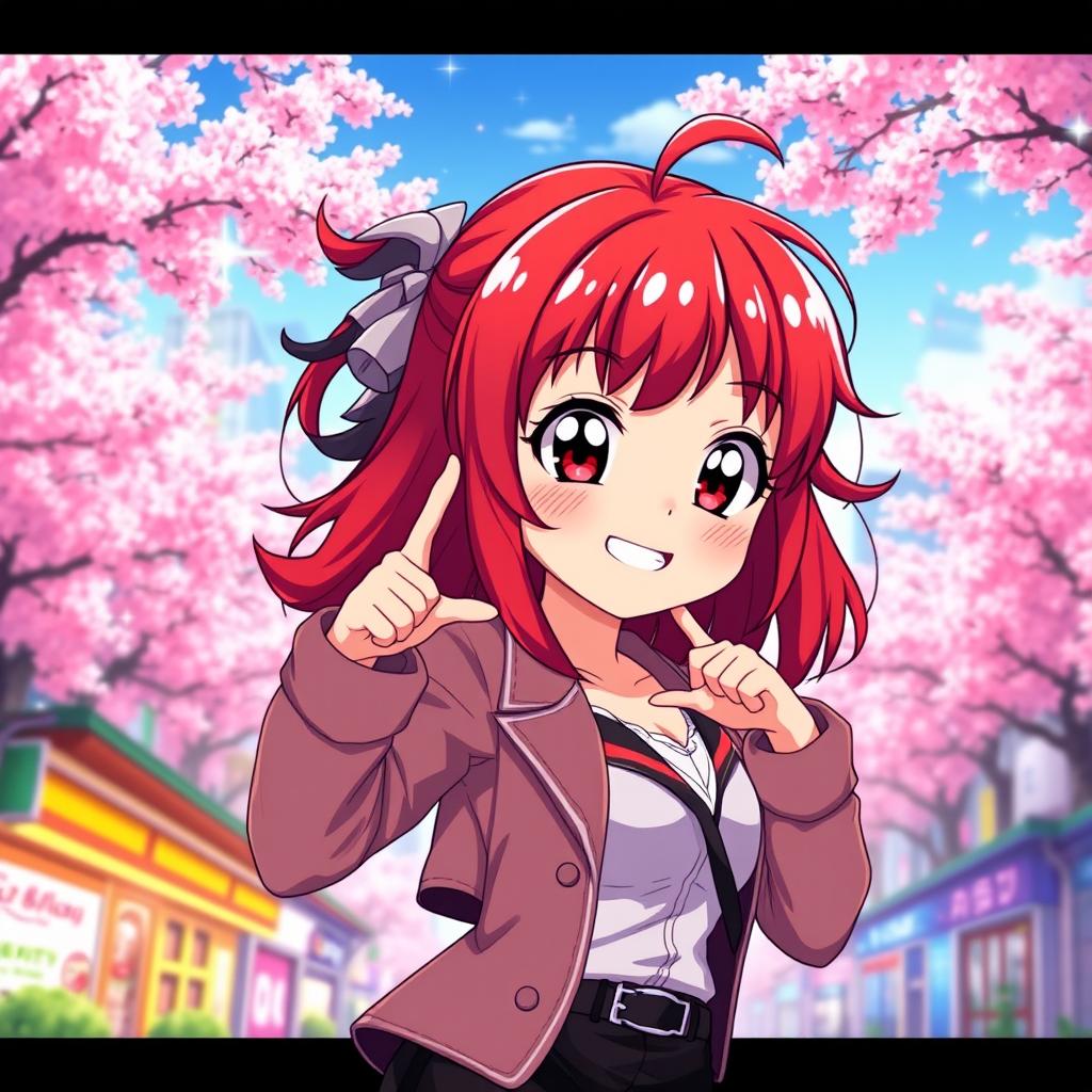 A chubby anime woman with vibrant red hair, dressed in a stylish outfit that complements her figure