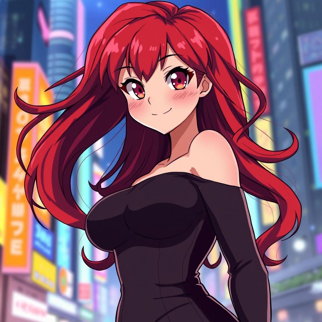 A curvy anime woman with vibrant red hair, styled in long flowing waves