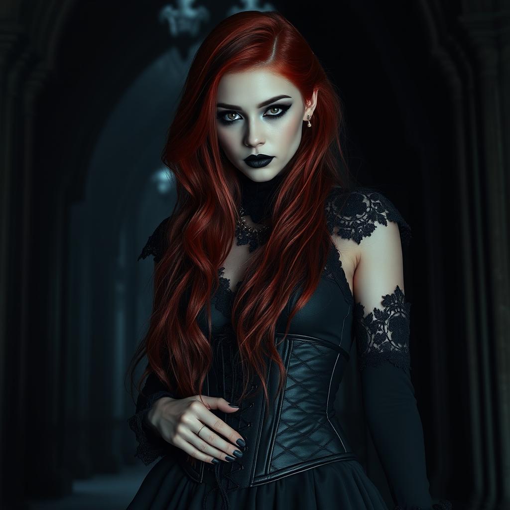 A gothic idol with striking long red hair cascading down her back