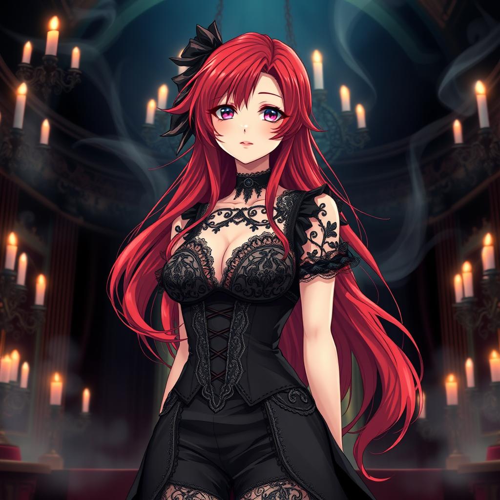 A beautiful anime idol with long, flowing red hair styled dramatically, wearing a stunning gothic outfit featuring intricate lace and leather details