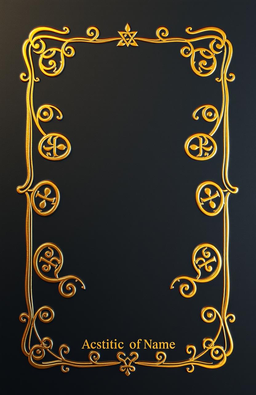 An A4 book cover design featuring intricate golden Celtic runes beautifully embossed against a dark gray background