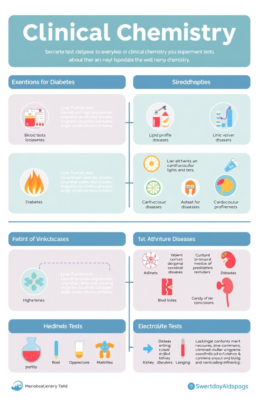 An infographic illustrating various clinical chemistry tests and their related diseases in a clean, organized layout