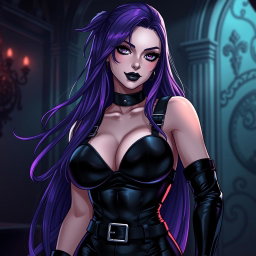 A captivating anime-style illustration featuring a powerful dominatrix with long, flowing hair, the ends dyed a vibrant purple