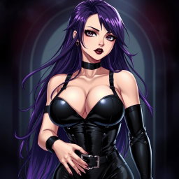 A captivating anime-style illustration featuring a powerful dominatrix with long, flowing hair, the ends dyed a vibrant purple