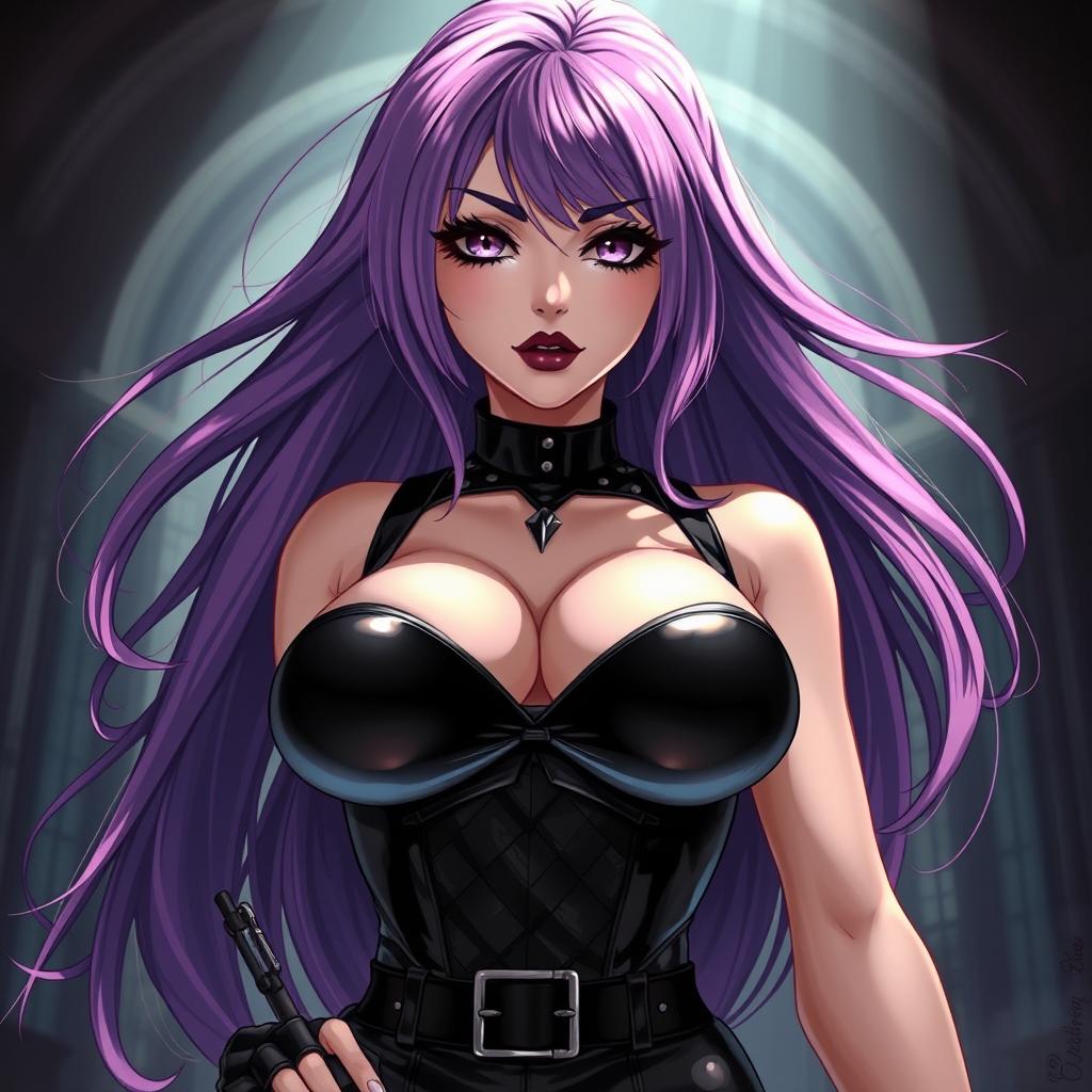 A captivating anime-style illustration featuring a powerful dominatrix with long, flowing hair, the ends dyed a vibrant purple