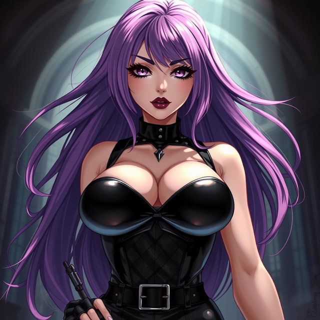 A captivating anime-style illustration featuring a powerful dominatrix with long, flowing hair, the ends dyed a vibrant purple