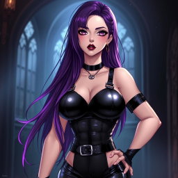 A captivating anime-style illustration featuring a powerful dominatrix with long, flowing hair, the ends dyed a vibrant purple