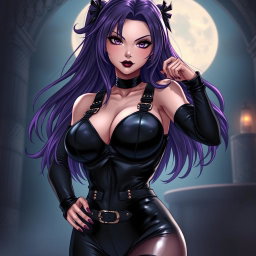 A visually striking anime-style illustration of a fierce dominatrix featuring long, flowing hair with the ends dyed a vibrant purple
