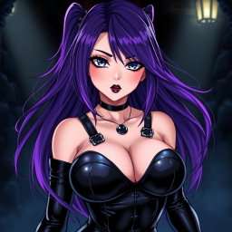 A visually striking anime-style illustration of a fierce dominatrix featuring long, flowing hair with the ends dyed a vibrant purple