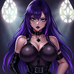 A visually striking anime-style illustration of a fierce dominatrix featuring long, flowing hair with the ends dyed a vibrant purple