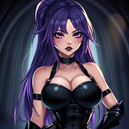 A visually striking anime-style illustration of a fierce dominatrix featuring long, flowing hair with the ends dyed a vibrant purple