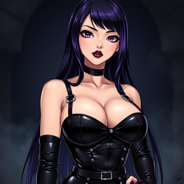 An anime-style illustration of a striking dominatrix with long, sleek black hair, the ends dyed a vivid purple
