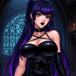 An anime-style illustration of a striking dominatrix with long, sleek black hair, the ends dyed a vivid purple