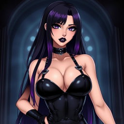 An anime-style illustration of a striking dominatrix with long, sleek black hair, the ends dyed a vivid purple