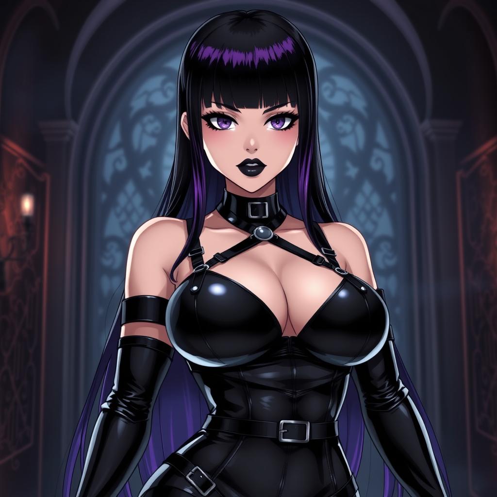 An anime-style illustration of a striking dominatrix with long, sleek black hair, the ends dyed a vivid purple