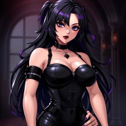 An eye-catching anime-style illustration of a fierce dominatrix with long black hair characterized by stylish wavy bangs, with the ends of her hair dyed a striking purple