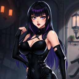 An eye-catching anime-style illustration of a fierce dominatrix with long black hair characterized by stylish wavy bangs, with the ends of her hair dyed a striking purple