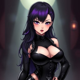 An eye-catching anime-style illustration of a fierce dominatrix with long black hair characterized by stylish wavy bangs, with the ends of her hair dyed a striking purple