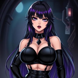 An eye-catching anime-style illustration of a fierce dominatrix with long black hair characterized by stylish wavy bangs, with the ends of her hair dyed a striking purple