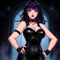 An arresting anime-style illustration of a commanding dominatrix featuring long black hair styled with wavy bangs, the tips dyed a vibrant purple