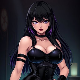 An arresting anime-style illustration of a commanding dominatrix featuring long black hair styled with wavy bangs, the tips dyed a vibrant purple