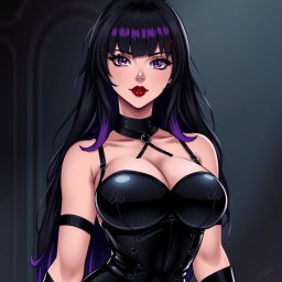 An arresting anime-style illustration of a commanding dominatrix featuring long black hair styled with wavy bangs, the tips dyed a vibrant purple