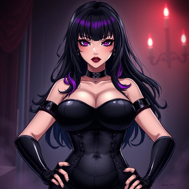 An arresting anime-style illustration of a commanding dominatrix featuring long black hair styled with wavy bangs, the tips dyed a vibrant purple