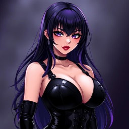 An alluring anime-style illustration of a captivating dominatrix featuring long, flowing black hair styled with wavy bangs, with the ends dyed a vivid purple