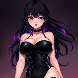 An alluring anime-style illustration of a captivating dominatrix featuring long, flowing black hair styled with wavy bangs, with the ends dyed a vivid purple