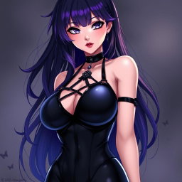 An alluring anime-style illustration of a captivating dominatrix featuring long, flowing black hair styled with wavy bangs, with the ends dyed a vivid purple